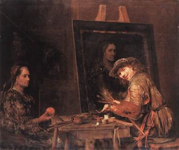 Self-Portrait at an Easel Painting an Old Woman